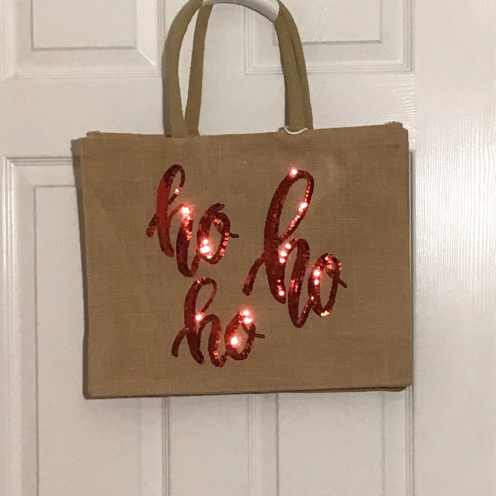 Christmas Burlap Tote Red Sequins, Ho Ho Ho